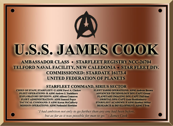 The commissioning dedication plaque of the Ambassador-class explorer USS James Cook NCC-26704